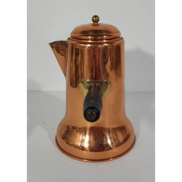 Copper Pot Chocolate Coffee Tea Kettle 8” Brass Wood Side Handle Vintage - Picture 11 of 13